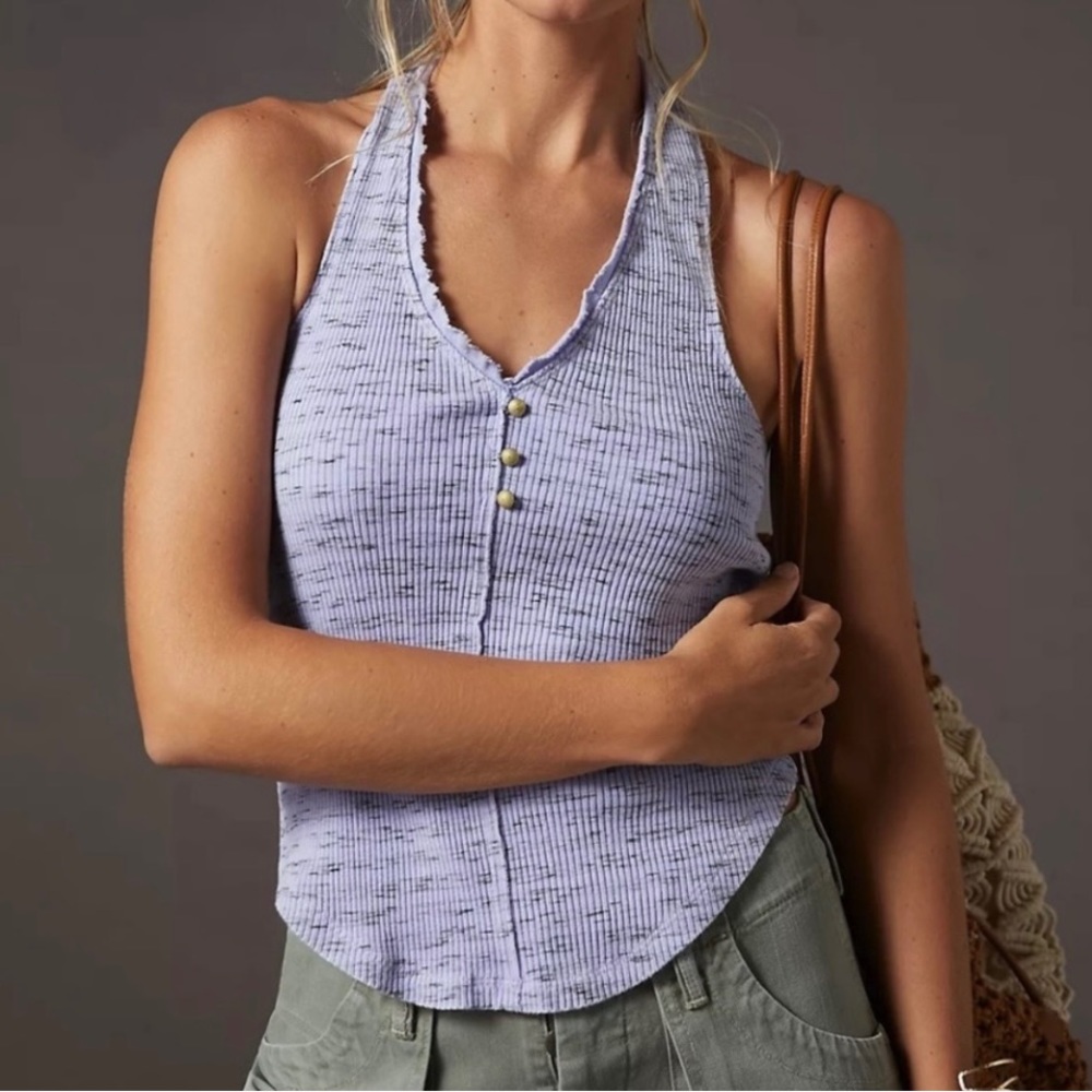 S NWOT Pilcro Anthropologie Halter Tie up Top Violet/Black 3 Gold Tone Buttons